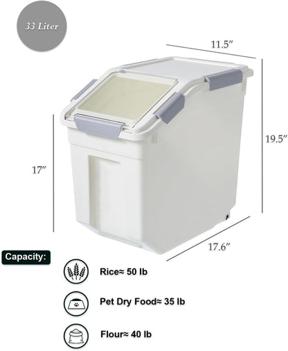 HANAMYA 32.5 Liter / 35 lbs Pet Food Storage Container with Measuring Cup, BPA free, For Dog Food | Cat Food | Rice | Grain | Flour, White & Gray, 1 count