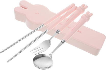 4 PCS Travel Utensils with Case, Portable Stainless Steel Reusable Cutlery Set for Lunch Box, Includes Spoon Fork Chopsticks, Small Pink Cartoon Flatware for Students, Kids School, Office, H
