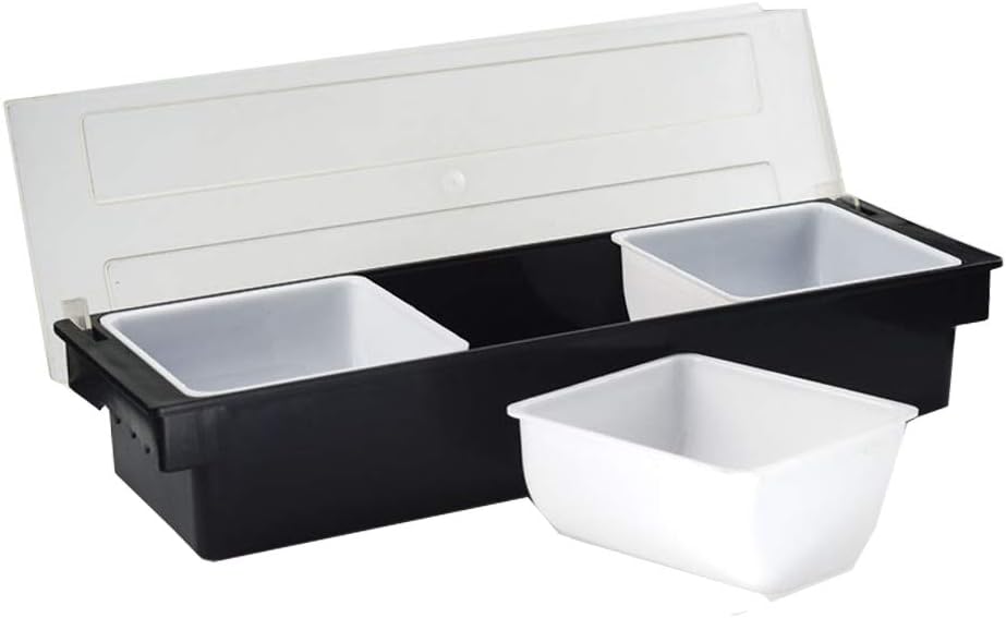 Fruit Veggie Condiment Caddy with Lid, 3 Compartment Plastic Dispenser Tray for Catering Dips Toppings, Serving Taco, Ice Cream, Fruit, & Salad Bar Garnish Organizer for Restaurant Supplies