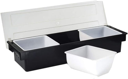 Fruit Veggie Condiment Caddy with Lid, 3 Compartment Plastic Dispenser Tray for Catering Dips Toppings, Serving Taco, Ice Cream, Fruit, & Salad Bar Garnish Organizer for Restaurant Supplies