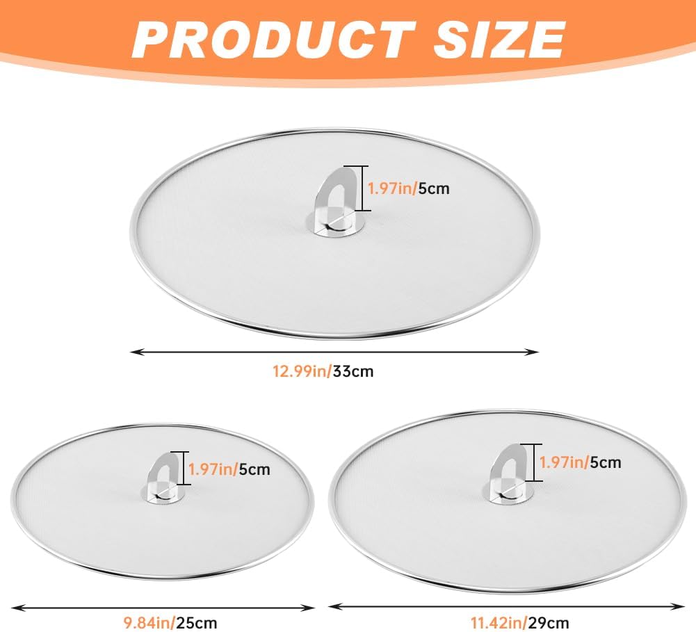 Splatter Screen for Frying Pan, 3 Pack Stainless Steel Extra-Fine Mesh, 10 in 11.5 in 13 in Grease Splatter Guard with Fold-Flat Knob, Dishwasher Safe