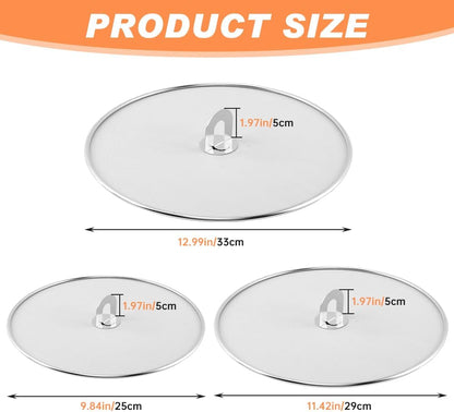 Splatter Screen for Frying Pan, 3 Pack Stainless Steel Extra-Fine Mesh, 10 in 11.5 in 13 in Grease Splatter Guard with Fold-Flat Knob, Dishwasher Safe