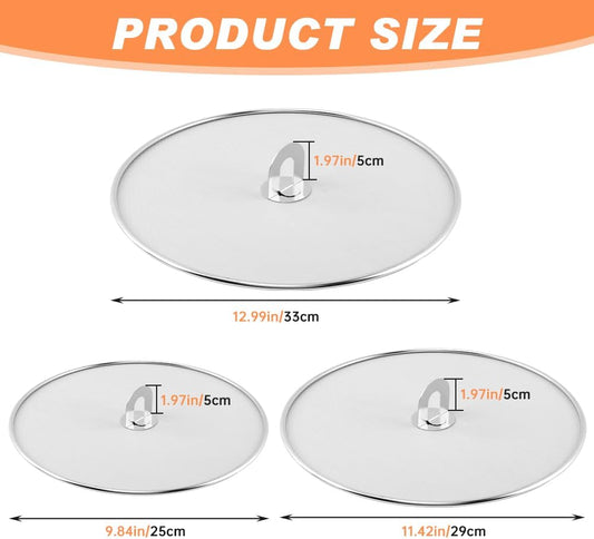 Splatter Screen for Frying Pan, 3 Pack Stainless Steel Extra-Fine Mesh, 10 in 11.5 in 13 in Grease Splatter Guard with Fold-Flat Knob, Dishwasher Safe