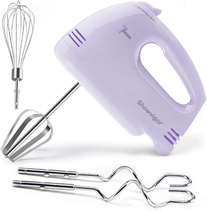 Showvigor Electric Hand Mixer with Stainless Steel Mixing Bowl Set –7 Speeds Turbo-Boost Hand Mixer with Large Mixing Bowls, Measuring Cups, Spoons & Spatula for Kitchen Cakes Eggs Baking(Pink)