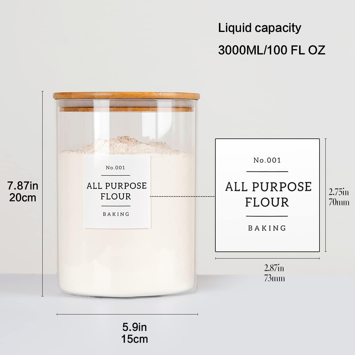 Large glass flour and sugar containers with 132 Kitchen Pantry Labels - 110 oz Glass Food Storage Containers with Airtight Lids - Square Glass Jars with Bamboo Lids for Rice, Pasta, Cookies, grain