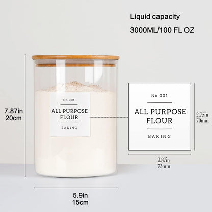 Large glass flour and sugar containers with 132 Kitchen Pantry Labels - 110 oz Glass Food Storage Containers with Airtight Lids - Square Glass Jars with Bamboo Lids for Rice, Pasta, Cookies, grain
