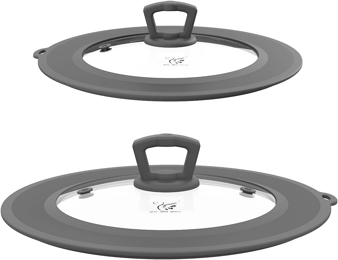 Vented Tempered Glass Universal Lid for Pot Pan Skillet with Heat Resistant Silicone Rim Microwave Splatter Lid Cover Microwave Safe Fit 11.5" 12" 12.5" Cookware, Dishwasher Safe Grey