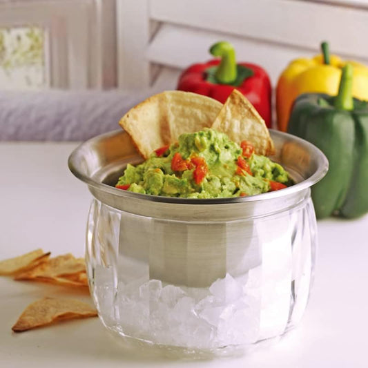 Dip Bowl On Ice- Chip and Dip Serving Set - Stainless Steel Chilled Serving Dish with 22 oz. Acrylic Ice Bowl - Perfect for Cold Shrimp, Guacamole, Dips