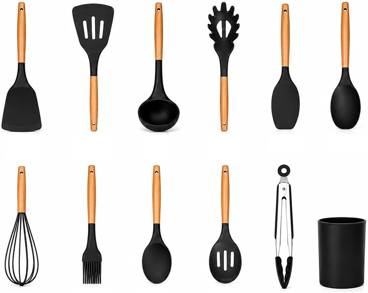 Silicone Kitchen Utensils Set of 12 – Cooking Spoons for Nonstick Cookware, Silicone Spatula Set for Cooking, Rust free, Tongs, Whisk,Turner & Brush - Heat Resistant 446°F - By Lonachamari