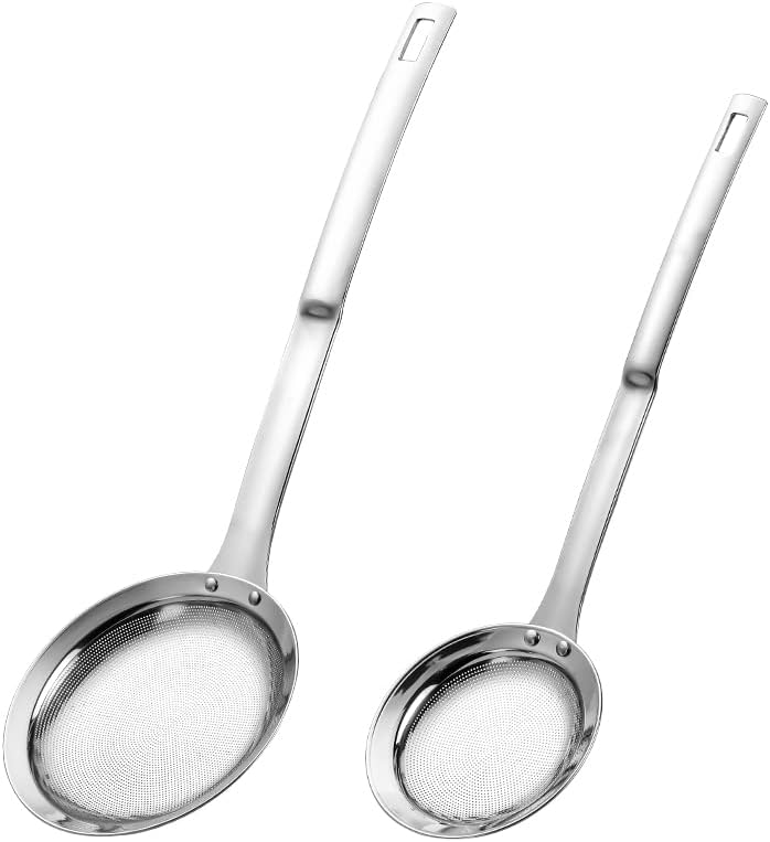 3Pack Sieve Fine Mesh Strainer Set Stainless Steel Metal Flat Cooking Skimmer Ladle Colander With Handle Food Strainer Kitchen Tools For Kitchen Baking Oil Filter Flour Sifter Foam,L M Small