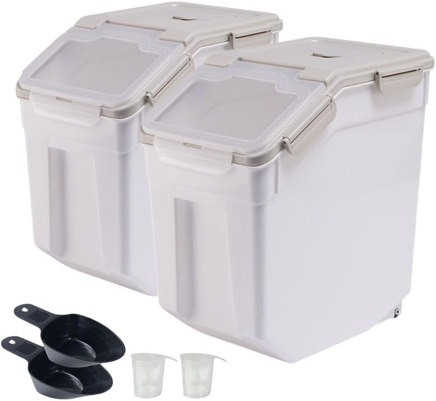 2 Pack Large Flour Storage Container 50 lb Airtight Rice Storage Container with Lid, Wheels, Measuring Cup, Scoop, Plastic Flour Sugar Bin Organizer for Grain Cereal, Rice Dispenser (Green)