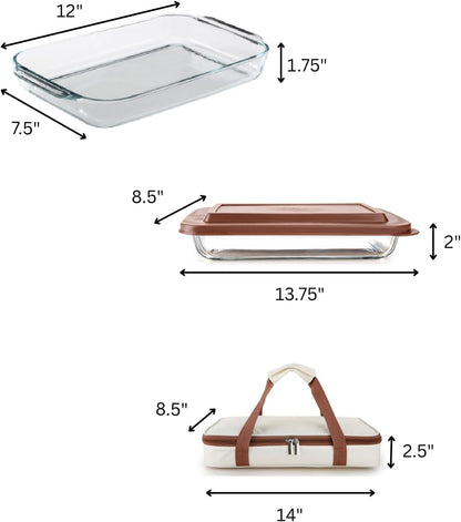 Glass Casserole with Insulated Carry Bag - 3 Quart Capacity, Microwave, Oven, and Freezer Safe, Includes Lid and Carry Bag. Overall Size 13.75"x 8.5"x 2" - Beige