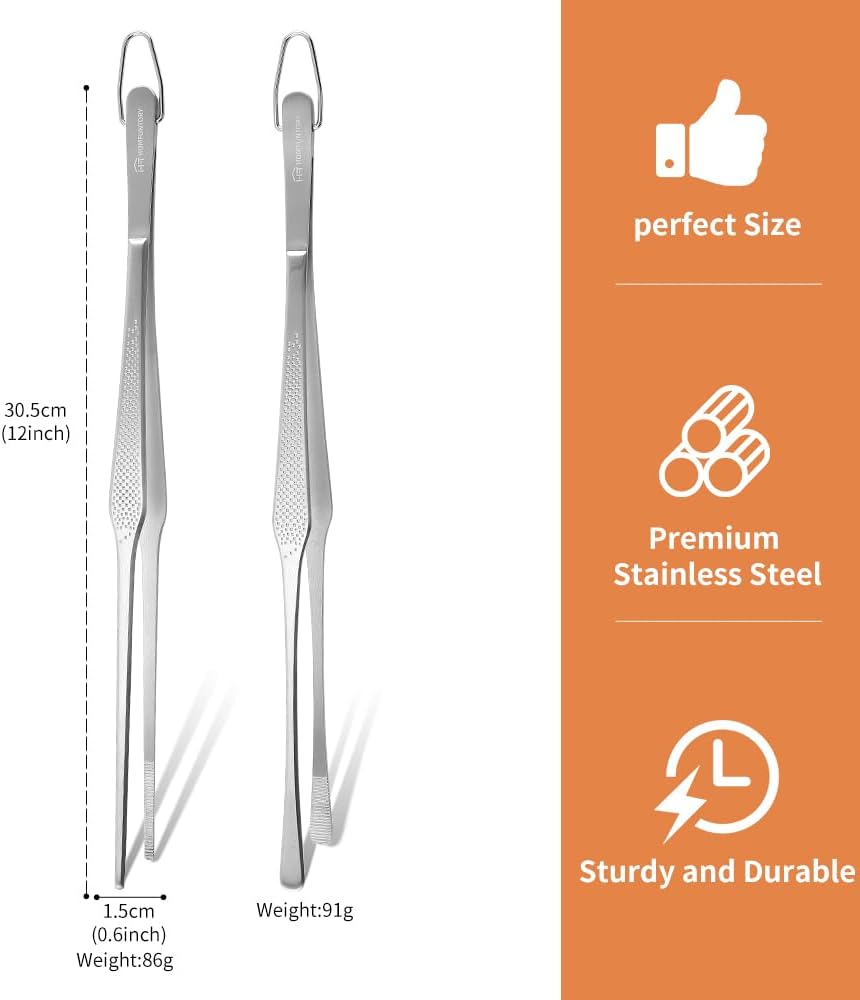 Stainless Steel Cooking Tweezers, 12-Inch Precision Kitchen Tweezers with Star Dot Texture, Wider Grip & Elevated Tips | Galaxy Grip Series, 2 Pcs (Black)