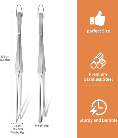 Stainless Steel Cooking Tweezers, 12-Inch Precision Kitchen Tweezers with Star Dot Texture, Wider Grip & Elevated Tips | Galaxy Grip Series, 2 Pcs (Black)