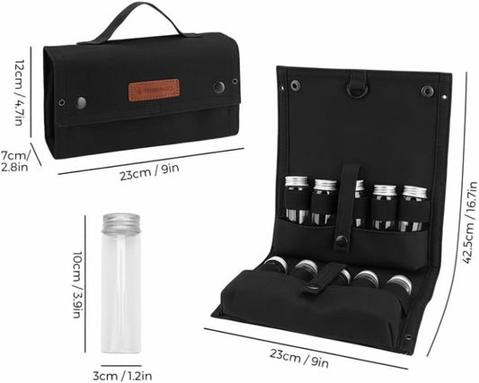Portable Spice Bag, Travel Spice Kit with 10 Spice Jars, Foldable Compact Seasoning Storage Bag Condiment Organizer for Outdoor BBQ, Picnic and Cooking(Black)