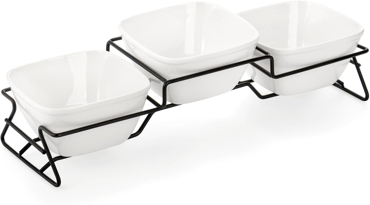 ZENFUN 10 oz Square Bowl Chip & Dip Serving Set, Pocelain Ramekin Bowls with Metal Rack Stand, White Small Serving Dishes, Condiment Serving Tray for Entertaining, Party, Buffets, Christmas
