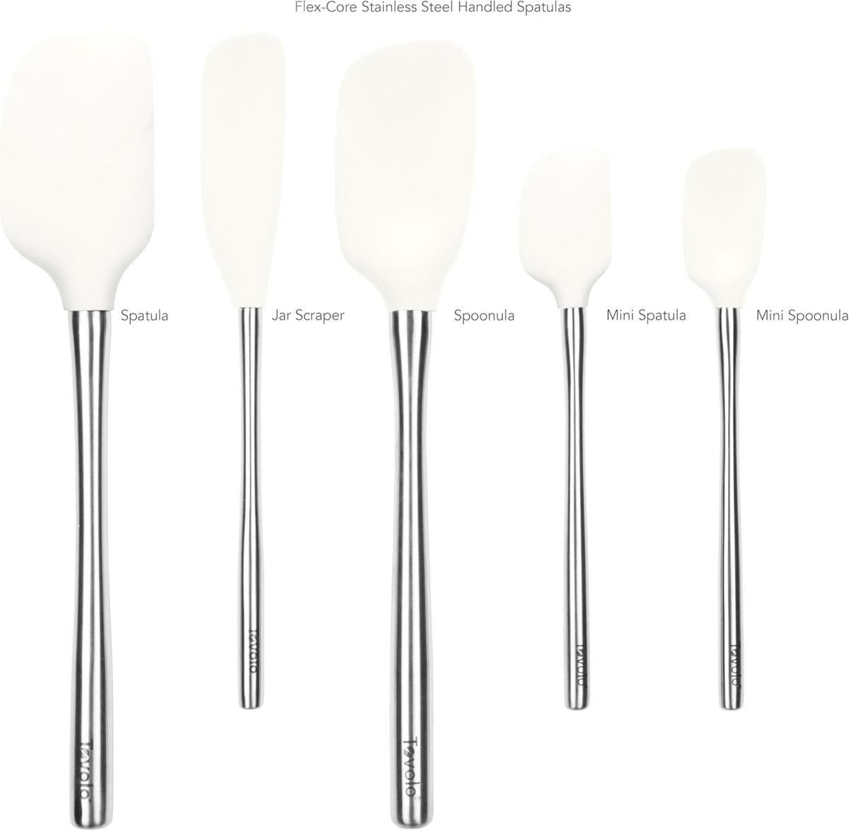 Tovolo Flex Core 5 Piece Silicone Spatula Set Heat Resistant All Silicone Utensils Include Non Stick Spatula Spoonula Jar Scraper, Dishwasher Safe BPA Free Spatulas for Baking Mixing, White