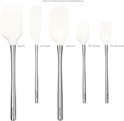 Tovolo Flex Core 5 Piece Silicone Spatula Set Heat Resistant All Silicone Utensils Include Non Stick Spatula Spoonula Jar Scraper, Dishwasher Safe BPA Free Spatulas for Baking Mixing, White