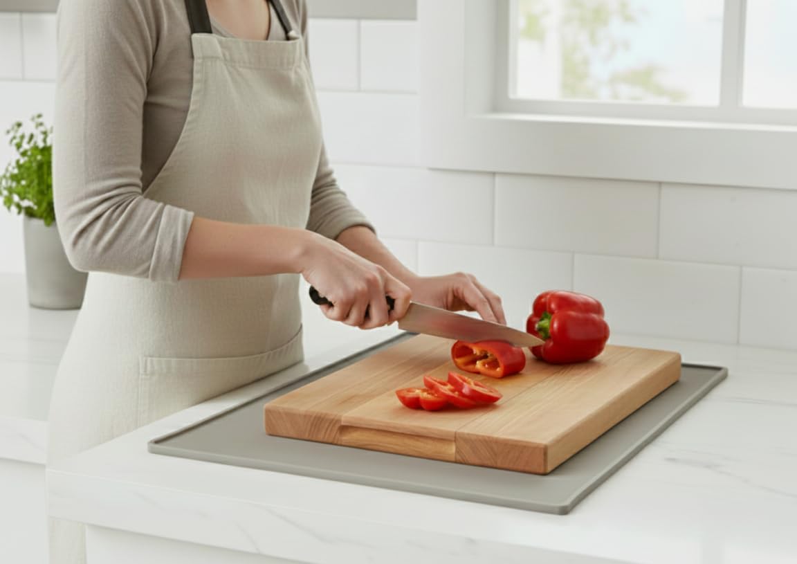 GASARÉ, Non Slip Cutting Board Mat, Grip Mat Pad, Under Kitchen Cutting Board, Raised Edges, Extra Large, Easy to Clean, 19 x 13 Inches, Taupe