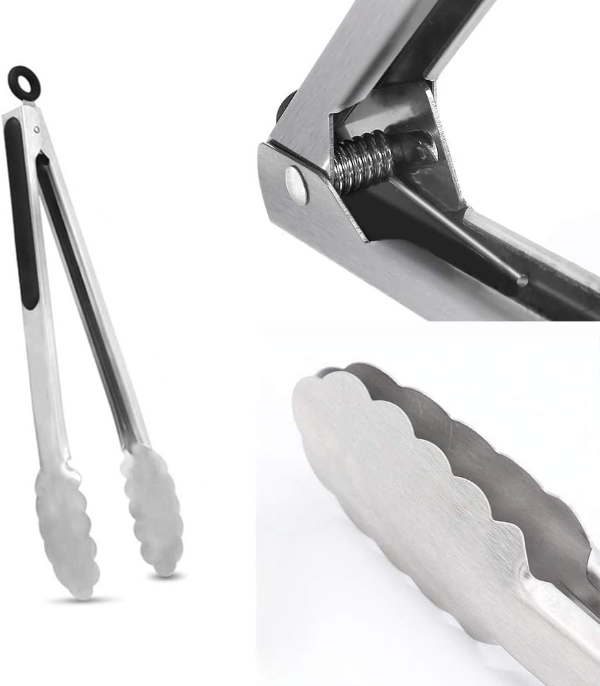 ALLTOP Metal Cooking Tongs,Stainless Steel Food Tong with No-slip Silicon and Locking Ring for Kitchen - 9 &12 inch,Set of 2-Black