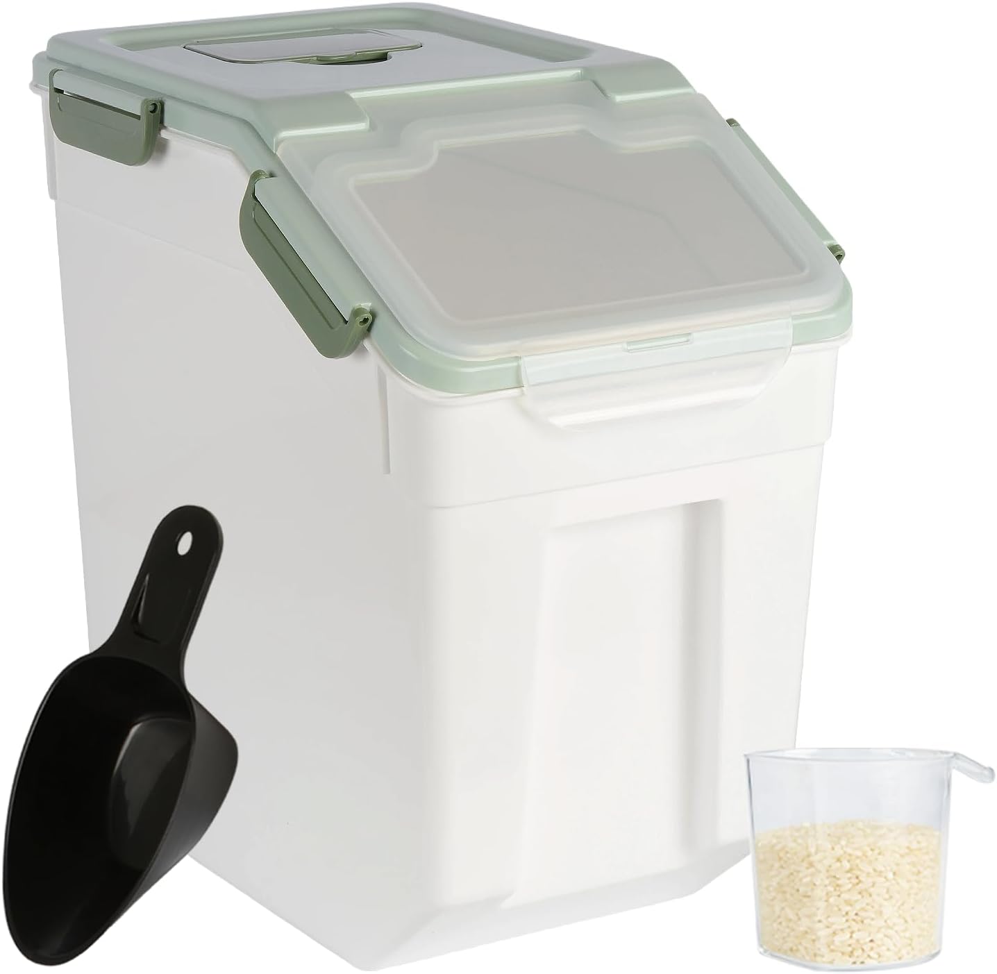 4 Pack Rice Container 25 lbs Large Bulk Flour Sugar Storage Holdhouse Plastic Grain Cereal Dry Goods Bin with Spoon and Measuring Cup for Kitchen Pantry Organization - Green