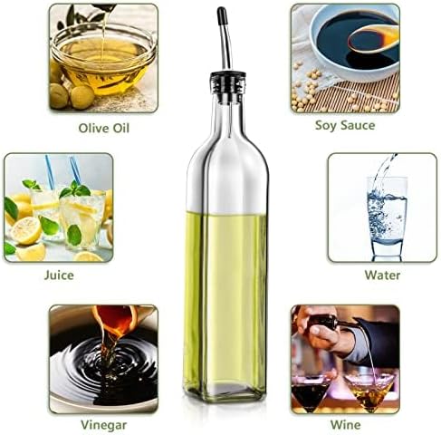 Leaflai Olive Oil Dispenser Bottle, Glass Olive Oil Dispenser and Vinegar Dispenser Set with Stainless Steel Pourers, 4 Labels,1 Brush and 1 Funnel Oil Bottles for Kitchen (500ml)