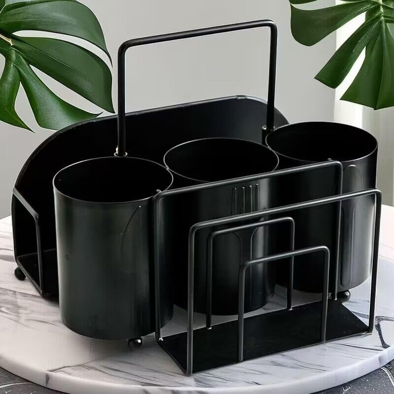 NelyBet Silverware Caddy Utensil Holder for Countertop Utensil Caddy with Paper Plate Napkin Holder Cutlery Flatware Silverware Organizers for Outdoor Party Camping Picnic - Black Metal