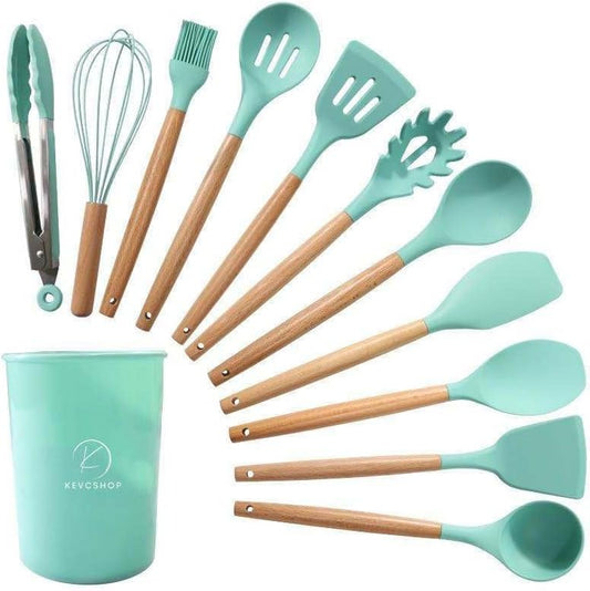 Deluxe 12-Piece Silicone Kitchen Utensils Set with Durable Cooking Tools - Heat Resistant Nonstick Cookware Essentials, Includes Spoon, Spatula, Ladle, and Utensil Set Holder (Turquoise)