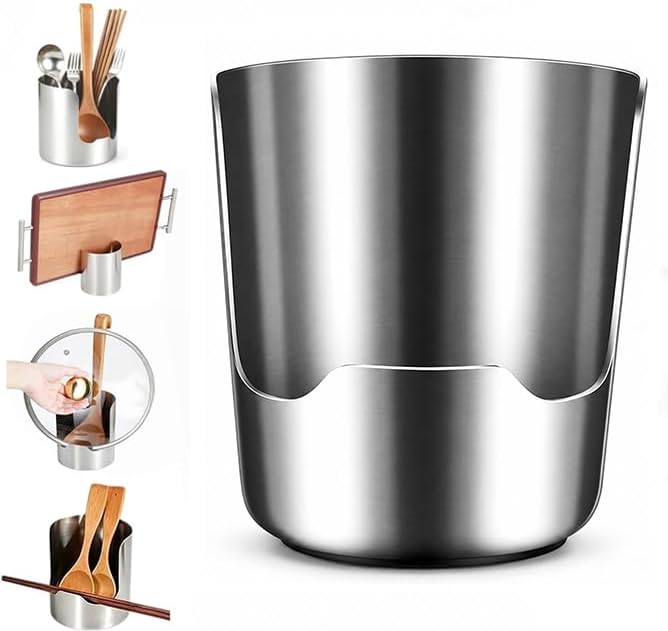 Multi-Functional Stainless Steel Kitchen Utensil Holder, 2‑In‑1 Spoon Rest for Kitchen Counter, Space‑Saving Vertical Organizer for Spatula Ladle Pot Lid Cutting Board, Stainless Steel Utensil Holder