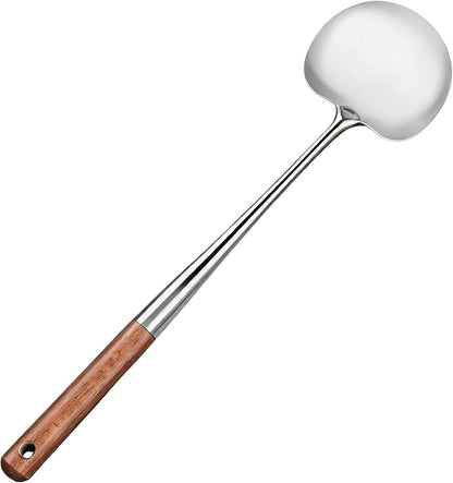 Stainless Steel Wok Spatula, Mushroom Shaped Metal Cooking Flipper, Long Wood Handle Stainless Steel Wide Scraper for Kitchen Cooking, 16.6 Inches, 1 Piece