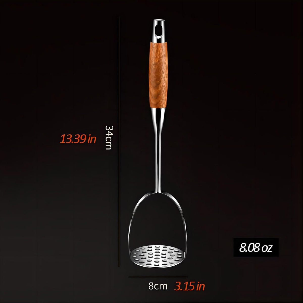13.5" Stainless Steel Potato Masher with Wooden Handle - Heavy Duty Metal Masher for Mashed Potatoes, Avocado, Beans & Sweet Potato - Commercial & Home Kitchen Utensil (Dishwasher Safe)