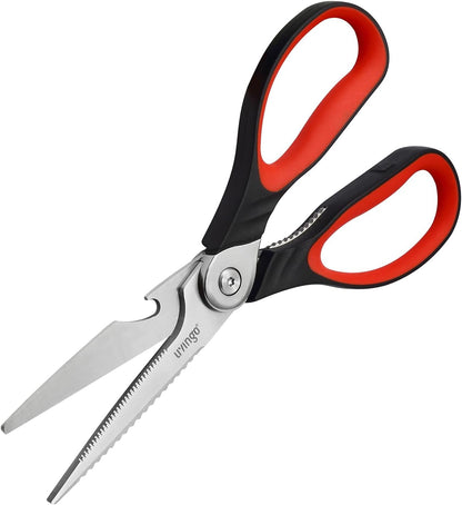 LIVINGO 8.5 Inch Kitchen Scissors Heavy Duty - Multi-Purpose Food Shears with Serrated Blades, Nut Cracker, Fish Scaler, Bottle Opener, Black & Red Handle