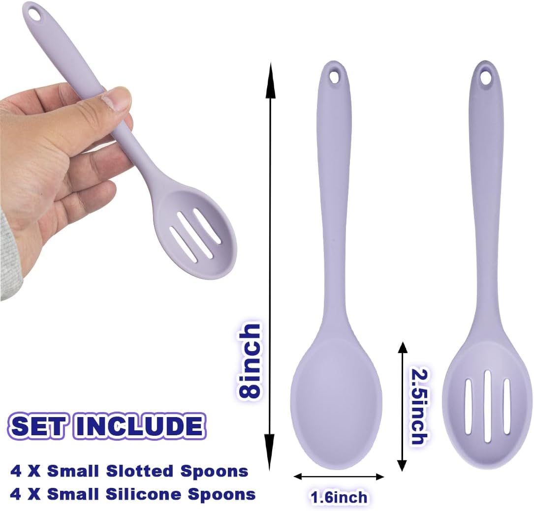 8 Pcs 8inch Heat Resistant Cooking Spoons for Nonstick Cookware Set -Ideal for Cooking, Baking, Mixing, Stirring Includes Slotted & Solid Spoons, Design for Nonstick Cookware (Black+Red+Green+Purple)