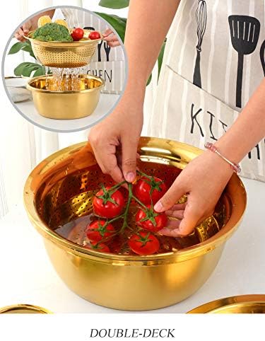 3PC/Set Colander set Stainless Steel Vegetable Slicer Fruit Potato Peeler Carrot Grater Strainer Utensil Round Rice Washer Bowl Drain Basket-Gold