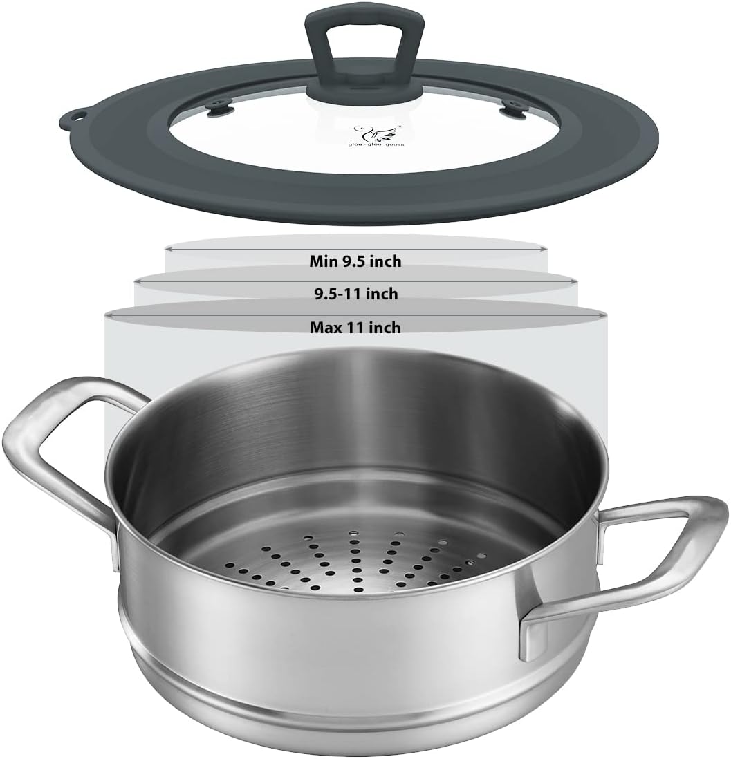 Vented Tempered Glass Universal Lid for Pot Pan Skillet with Heat Resistant Silicone Rim Microwave Splatter Lid Cover Microwave Safe Fit 11.5" 12" 12.5" Cookware, Dishwasher Safe Grey