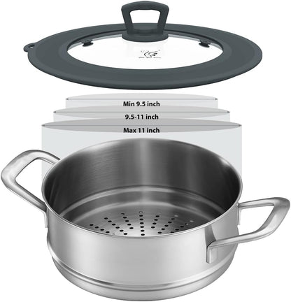Vented Tempered Glass Universal Lid for Pot Pan Skillet with Heat Resistant Silicone Rim Microwave Splatter Lid Cover Microwave Safe Fit 11.5" 12" 12.5" Cookware, Dishwasher Safe Grey