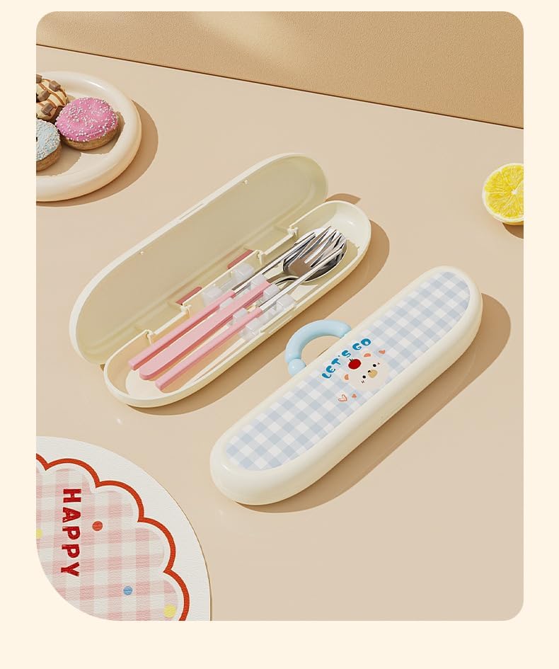 Cute Strawberry Bear 304 Stainless Steel Utensil Set with Travel Case – Portable Reusable Chopsticks, Spoon & Fork in Plaid Storage Box, for School Lunch, Camping, Travel(Pink)