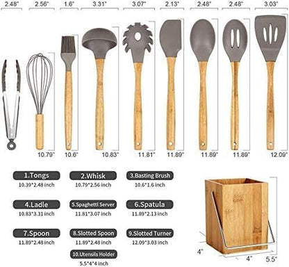 Kitchen Cooking Utensils Set, 13 pcs Non-Stick Silicone Cooking Kitchen Utensils Spatula Set with Holder, Bamboo Handle Silicone Kitchen Gadgets Utensil Set for Nonstick Cookware