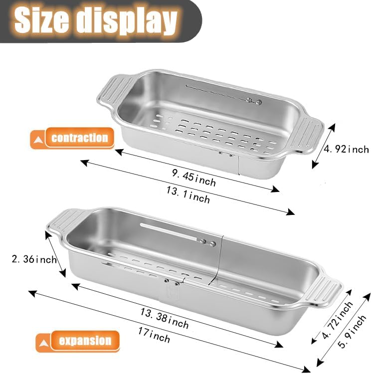 ZDRongZhen Kitchen Supply-Over the Sink Colander Strainer Basket Stainless Steel Retractable Kitchen Sink Basket -Wash Vegetables and Fruits, Drain Pasta and Dry Dishes,Extendable (Medium Silver)