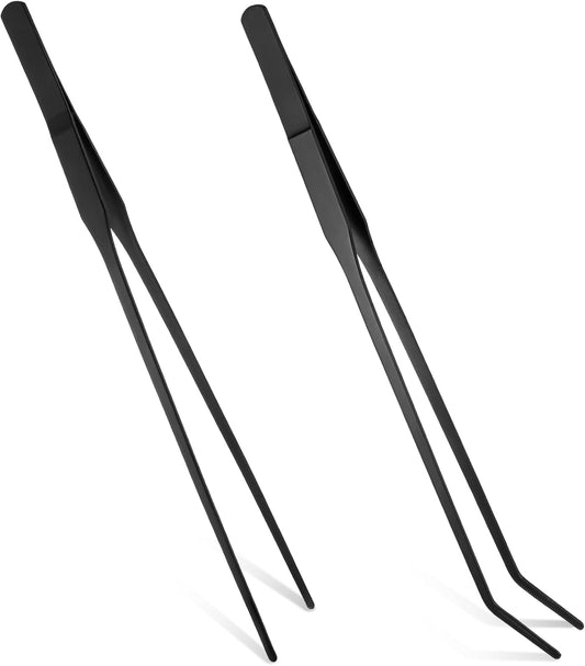 ElevateTech Kitchen Tweezers Tongs, 2 Pcs Stainless Steel Fine Kitchen Tongs Tweezers for Cooking Professional 10.63 Inch Long Cooking Tweezer for Grilling, Plating and Baking, Black