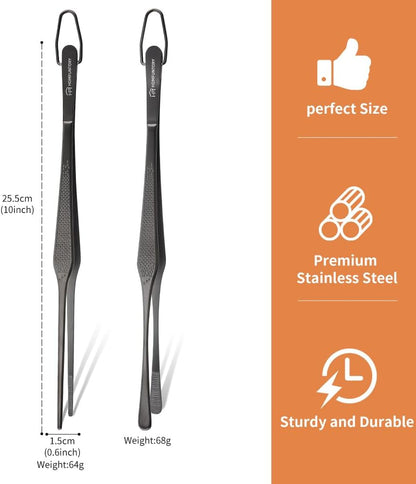 Stainless Steel Cooking Tweezers, 12-Inch Precision Kitchen Tweezers with Star Dot Texture, Wider Grip & Elevated Tips | Galaxy Grip Series, 2 Pcs (Black)