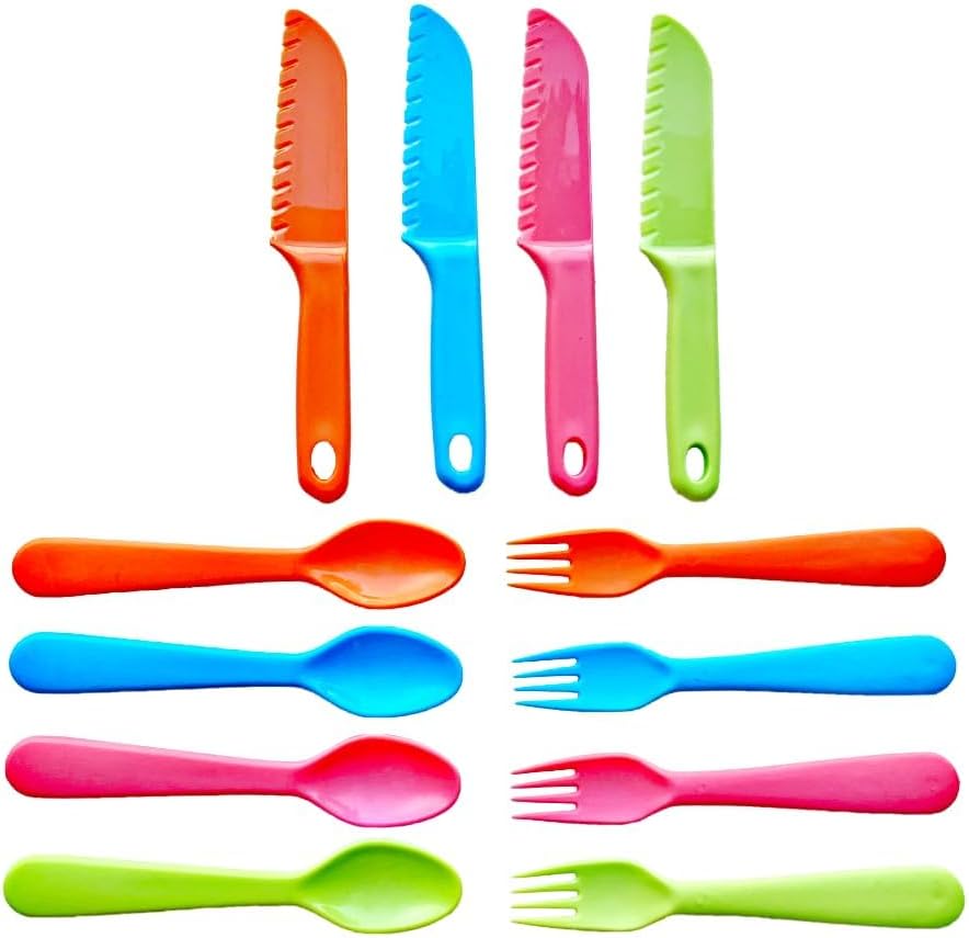 Jawbush 16 Pcs Kids Utensils, Plastic Kids Forks and Spoons, Reusable Toddler Utensils, Durable Flatware Set for Lunch Box, Easy to Use, BPA Free