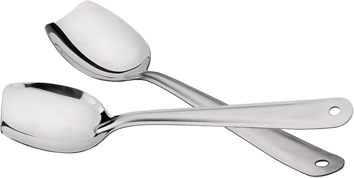 IMEEA 10 Inch Flat Bottom Scraping Cooking Spoon Set of 2, 18/8 Stainless Steel Slotted & Solid Stirring Spoon, Flat Edge Kitchen Spoon for Stir Fry, Sauce, Soup, Instant Pot