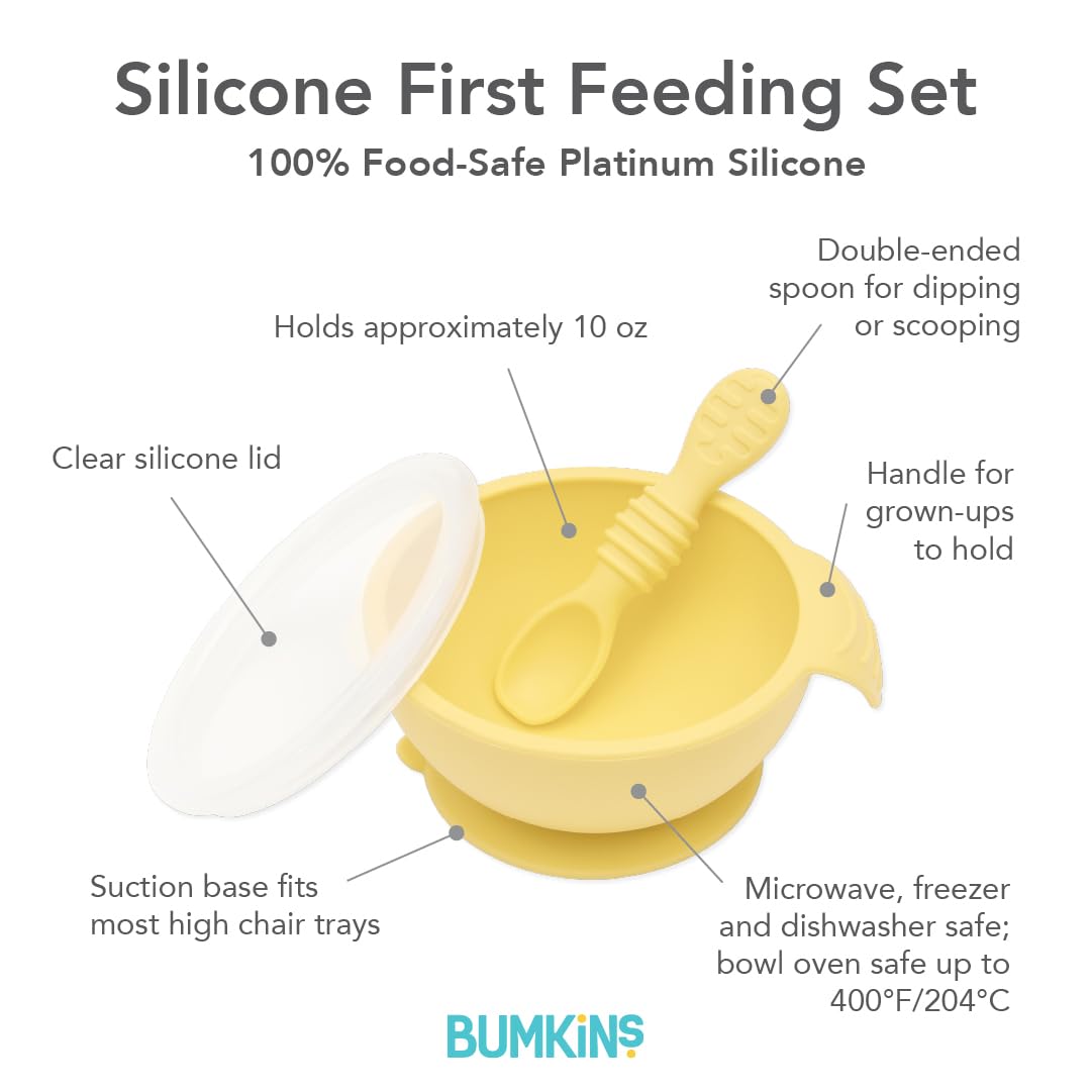 Bumkins Baby Bowl, Silicone Feeding Set with Suction for Baby and Toddler, Includes Spoon and Lid, First Feeding Set, Training Essentials for Baby Led Weaning for Babies 4 Months Up, Sage