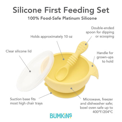 Bumkins Baby Bowl, Silicone Feeding Set with Suction for Baby and Toddler, Includes Spoon and Lid, First Feeding Set, Training Essentials for Baby Led Weaning for Babies 4 Months Up, Sage
