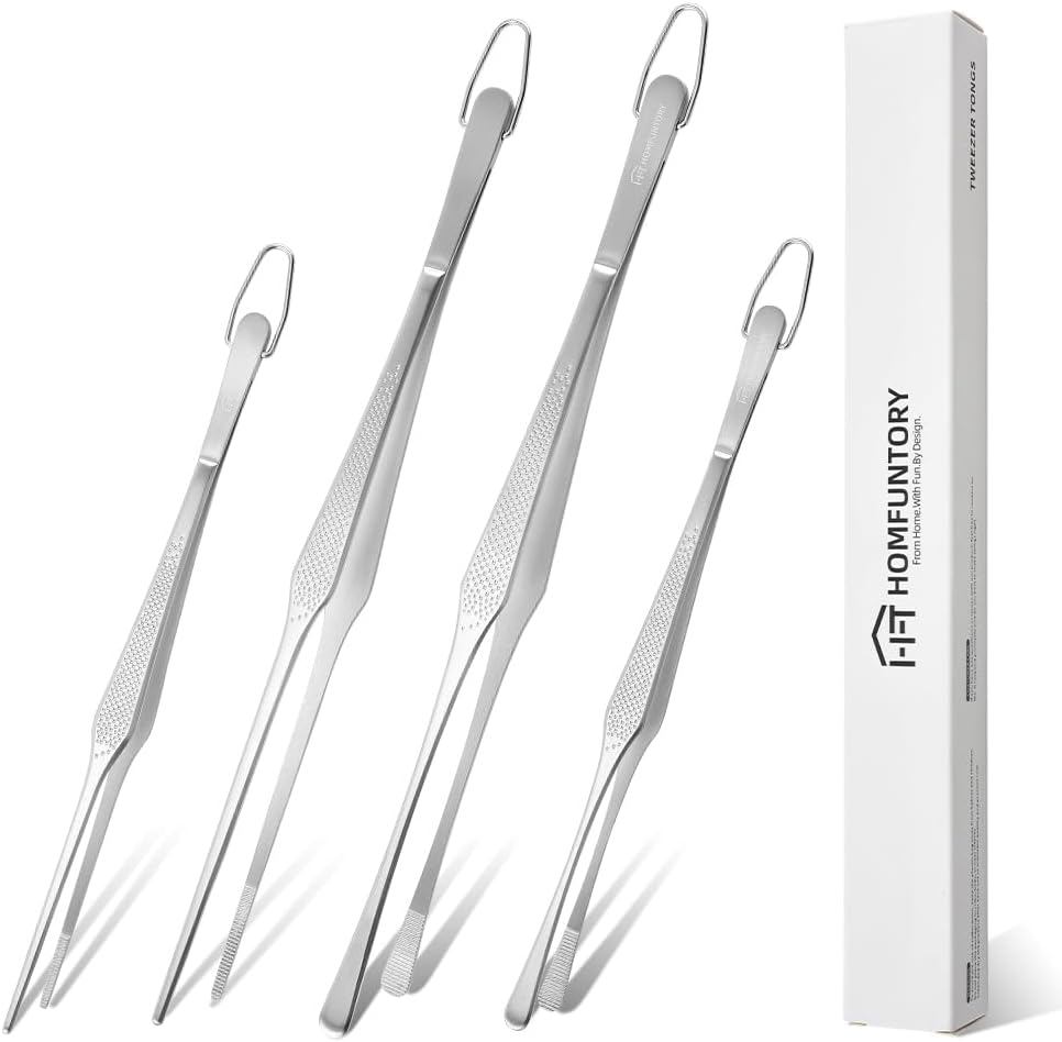 Stainless Steel Cooking Tweezers Set, 10 & 12 Inch Precision Kitchen Tweezers with Star Dot Texture & Elevated Tips | Galaxy Grip Series, 4-Piece (Silver)