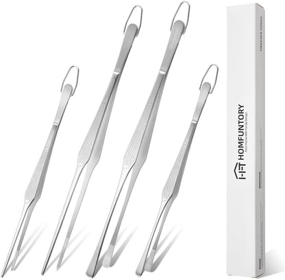 Stainless Steel Cooking Tweezers Set, 10 & 12 Inch Precision Kitchen Tweezers with Star Dot Texture & Elevated Tips | Galaxy Grip Series, 4-Piece (Silver)