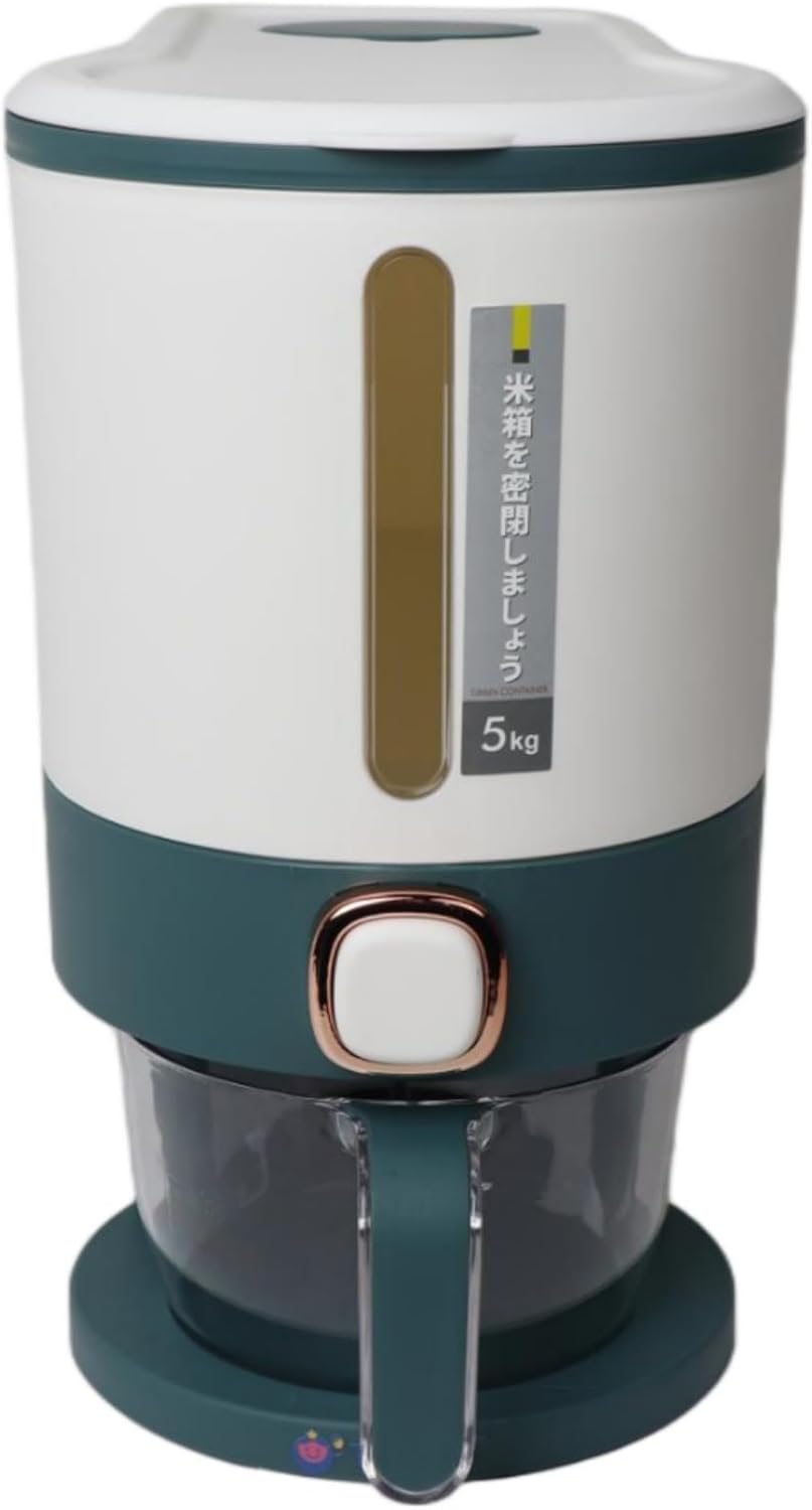 Rice Dispenser 11 lb (5 kg), Airtight Food Storage Container with Measuring Cup, BPA Free Durable Kitchen Storage Bin, Green