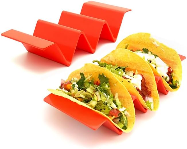 TP Taco Holder Stands, Set of 2 Melamine Large Taco Serving Rack Tray with Handle, Holds 3 Tacos, Dishwasher Safe, Ideal for Taco Night, Party, Home, Fiesta, Talavera Tile
