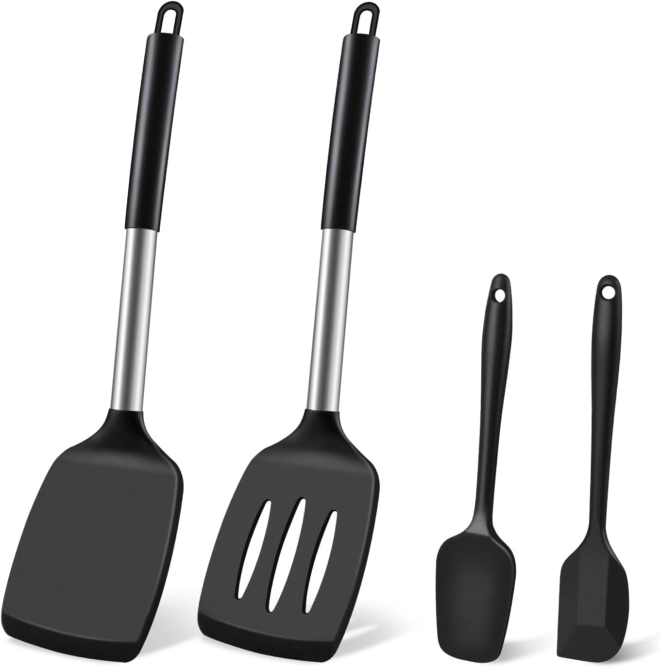 Silicone Spatula Set, Heat Resistant Solid & Slotted Turner for Non-Stick Pans, Silicone Cooking Utensils Set, BPA-Free, Flexible Spatula Turner for Flipping Eggs, Burgers, Pancakes, Black, 3 PCS-A